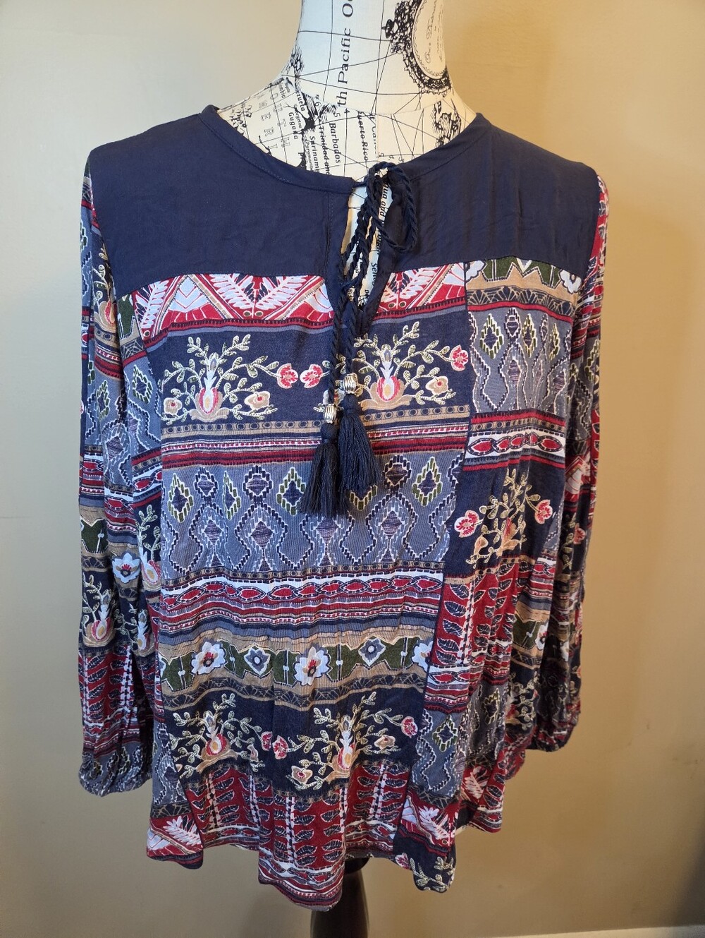 RXB Womens Large Boho Blouse Blue Red Floral Geometric Tassel Tie 3/4 Sleeve